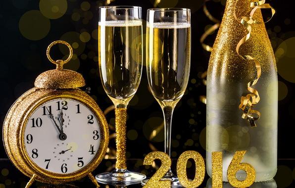 Открытки Открытки на Новый год и Рождество 2016 Открытка, картинка, 2016, часы, шампанское