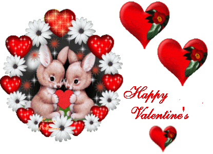Открытка, анимация, картинка, 14 февраля, День всех влюбленных, День святого Валентина, валентинка, зайки, Happy