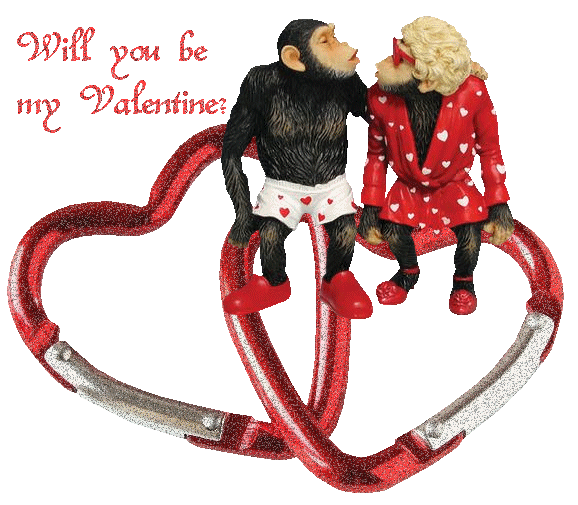 Открытка, анимация, 14 февраля, День Святого Валентина, обезьянки, сердечки