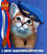 Открытка, 23 февраля, поздравление, День Защитника Отечества, мужской праздник, котенок, берет