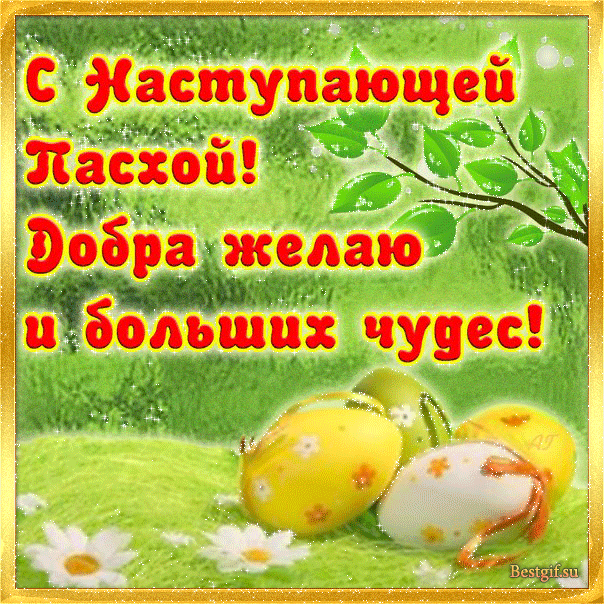 Открытка, анимация, Пасха, праздник, русская традиция, поздравление, цветы, крашеные яйца, полянка, трава