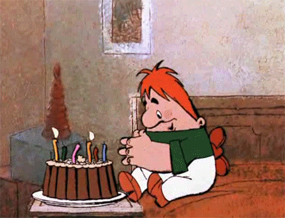 Анимационная открытка на день рождения Карлсон и торт