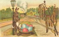 Открытка, ретро, Пасха, поздравление, русская традиция, православный праздник, заяц, крашеные яйца