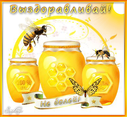 Открытка, анимация, Выздоравливай, Не болей, пожелание, мед, пчелы